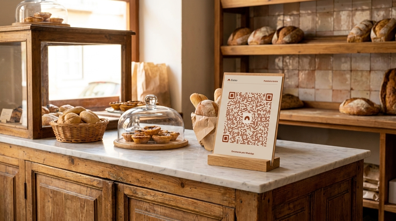 Cartão de código QR do Forno ao balcão de uma pastelaria, com pão e pastéis de nata